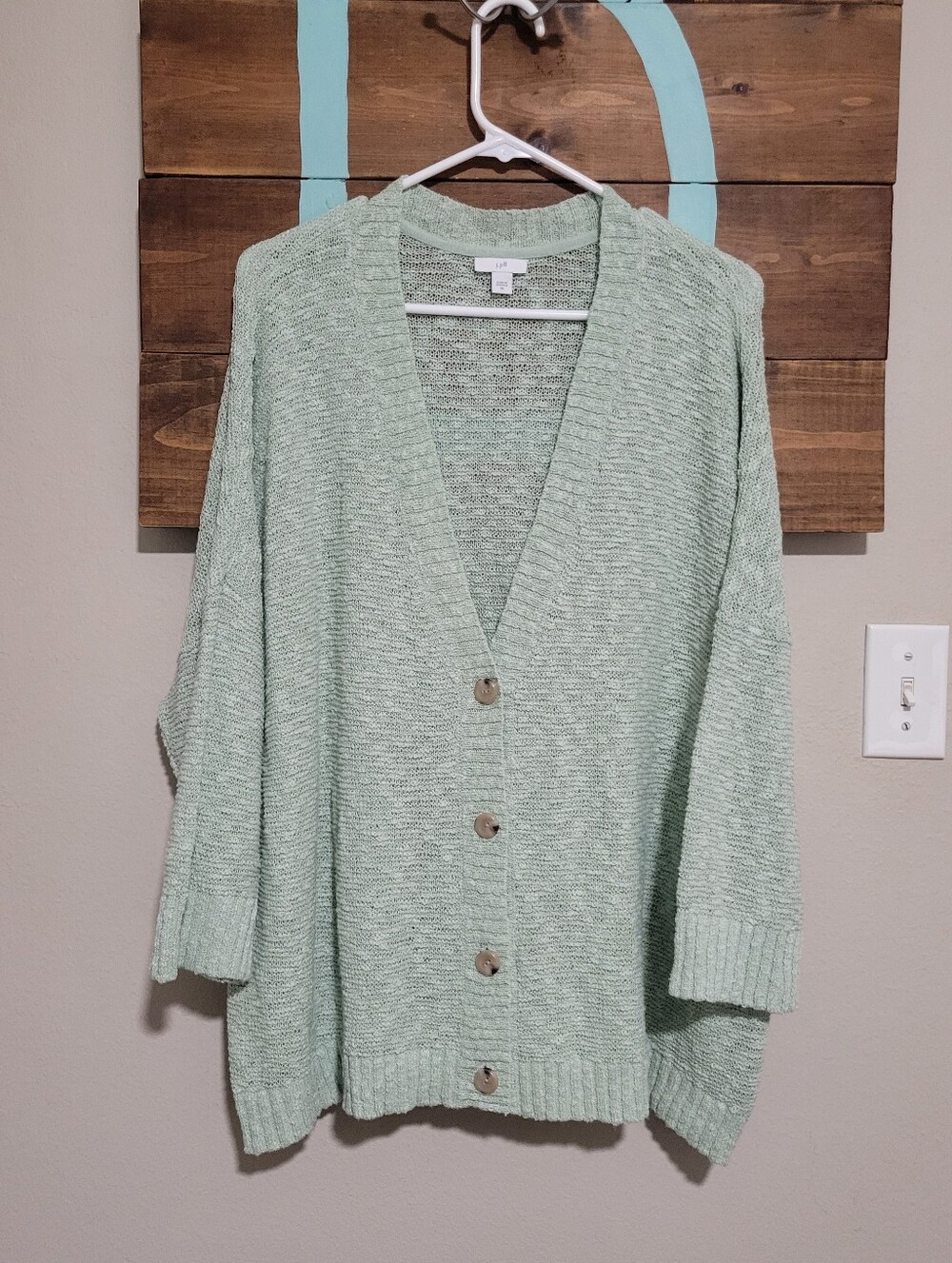 J.Jill Light Mint Open-Knit V Neck Drop Shoulder Button Cottage Cardigan 3x